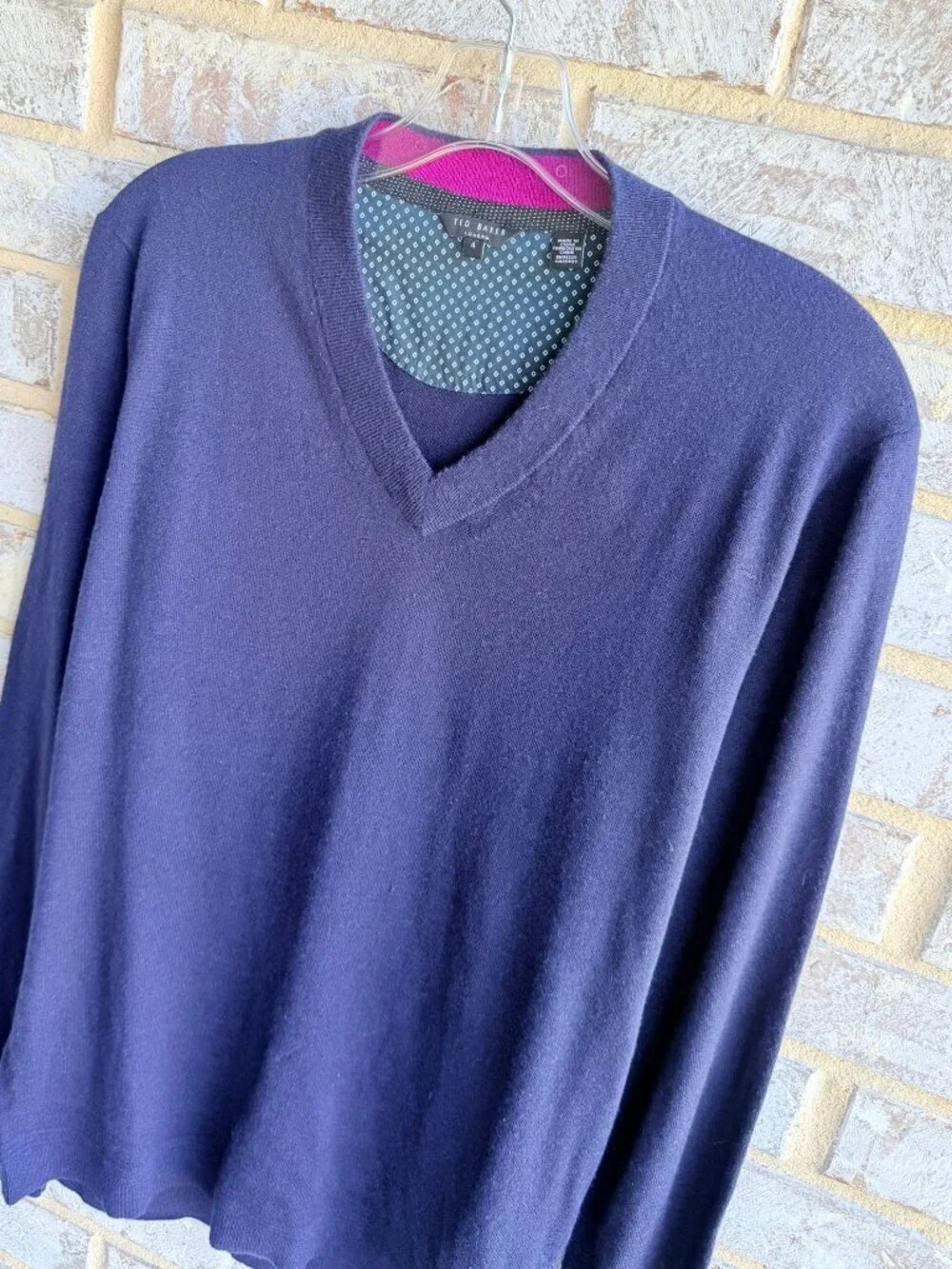 Ted Baker Navy Blue Long Sleeve V-Neck Wool Blend Pullover Sweater Size 4 (L)
